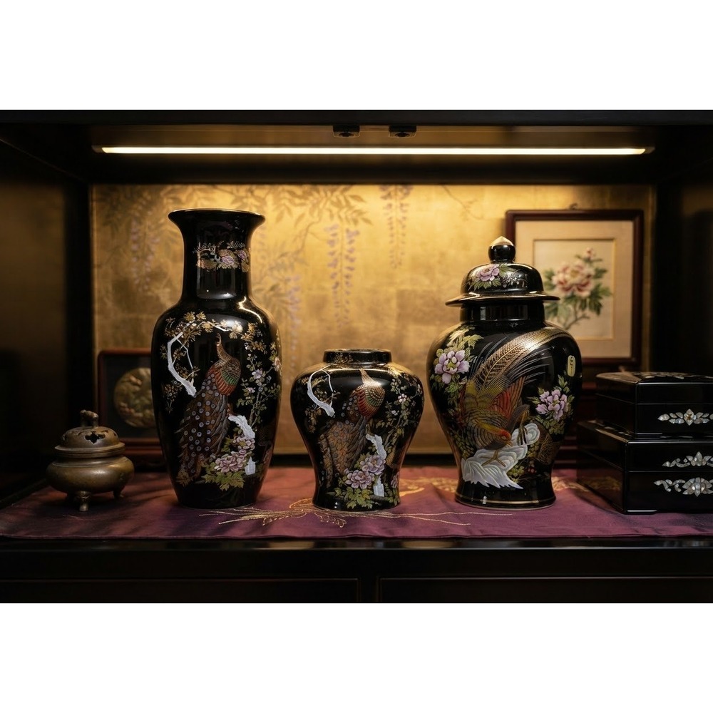 Yamaji Japan Black Porcelain Vase Set 3pc Peacock Floral Gold Trim Chinoiserie